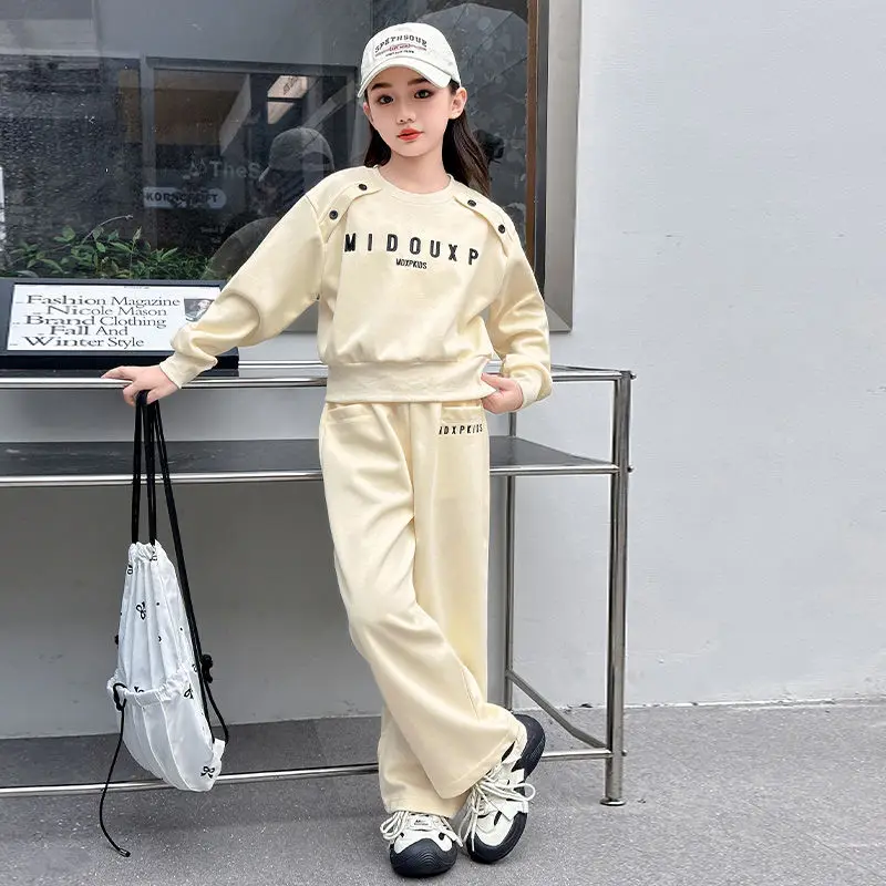

Girls' Spring and Autumn Set New Style Medium and Large Children's Long Sleeve Hoodie Casual Wide Leg Pants Two Piece Set