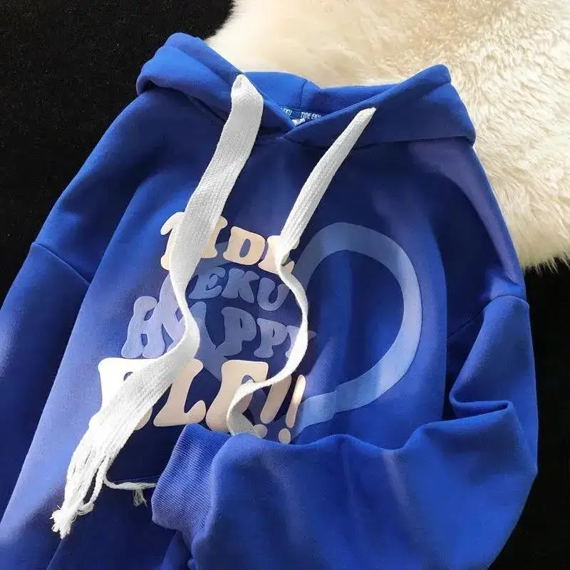 

Klein Blue Hoodies Women Plush 2022 Winter New American Foaming Letter Printing Sweatshirt Harajuku Sweater Loose Goth Y2k Coat