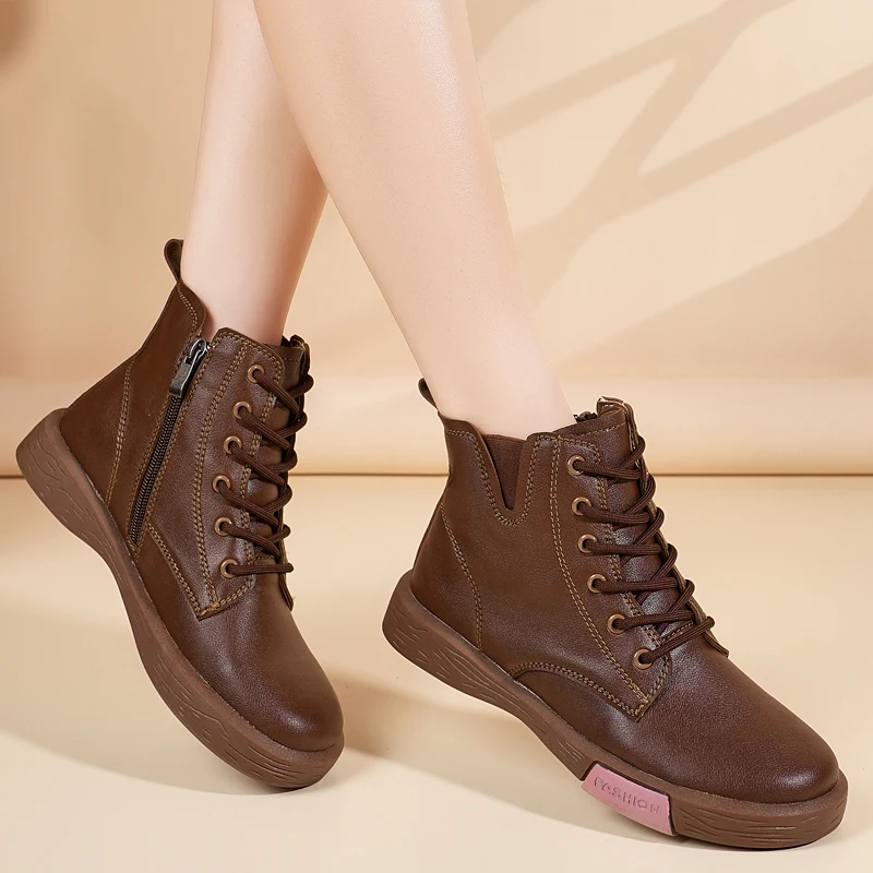 

Женские ботильоны на шнуровке, удобные нескользящие короткие ботинки с боковой молнией, модная повседневная обувь для осени и зимы