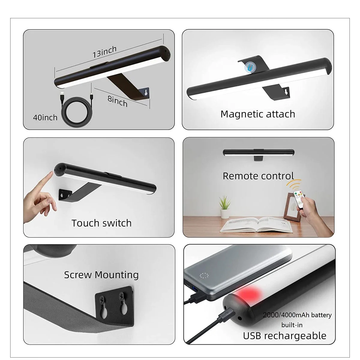 Wireless Wall Lamp Remote Control LED Painting Picture Light USB Rechargeable Battery Reading Lamp Easy Mount for Living Room