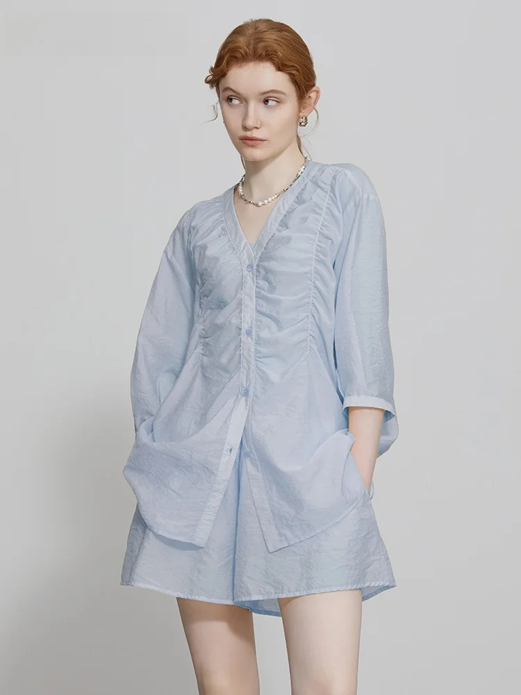 

V-Neck Silk Shirt Women Summer Loose High-End Feeling 7/8 Sleeve Wide Leg Short Pants Sun Protection Clothing Set Casual Style