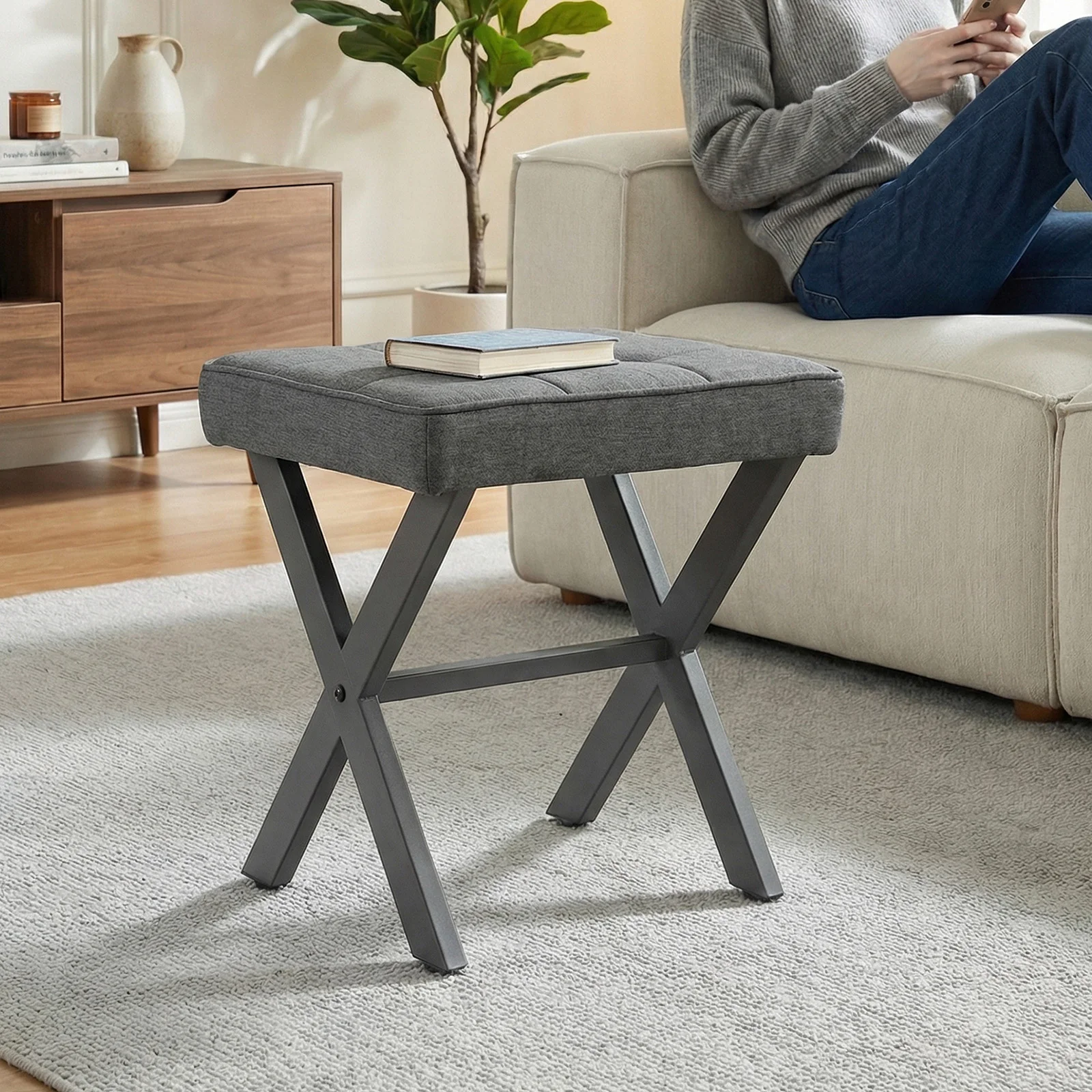 

Пуфик JHK Ottoman Square Linen с металлическими X-образными ножками, удобное мягкое сиденье, табурет для макияжа, компактный, для гостиной