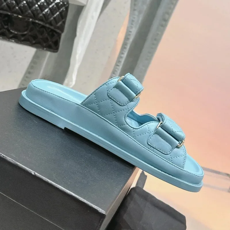 نعال من الجلد الطبيعي للنساء ، أحذية بكعب منخفض ، كعب منخفض ، منزلقات خياطة ، زي مدرج مسطح ، نعال بكعب سميك ، موضة الصيف