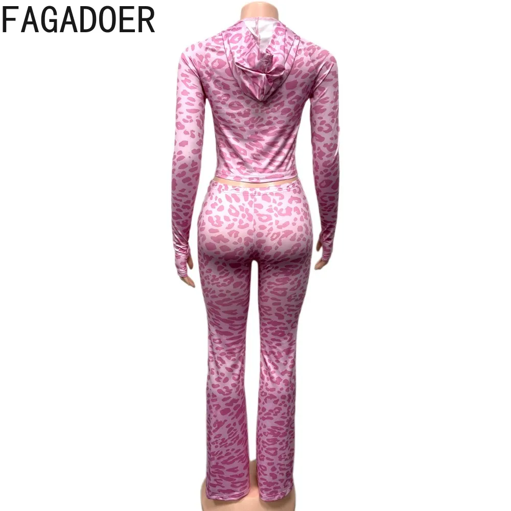 FAGADOER Sexy Pattern Print Bodycon 2 Piece Sets Woman Outfit  Long Sleeve Zip Hooded Crop Top + Pants Matching Siuts Streetwear
