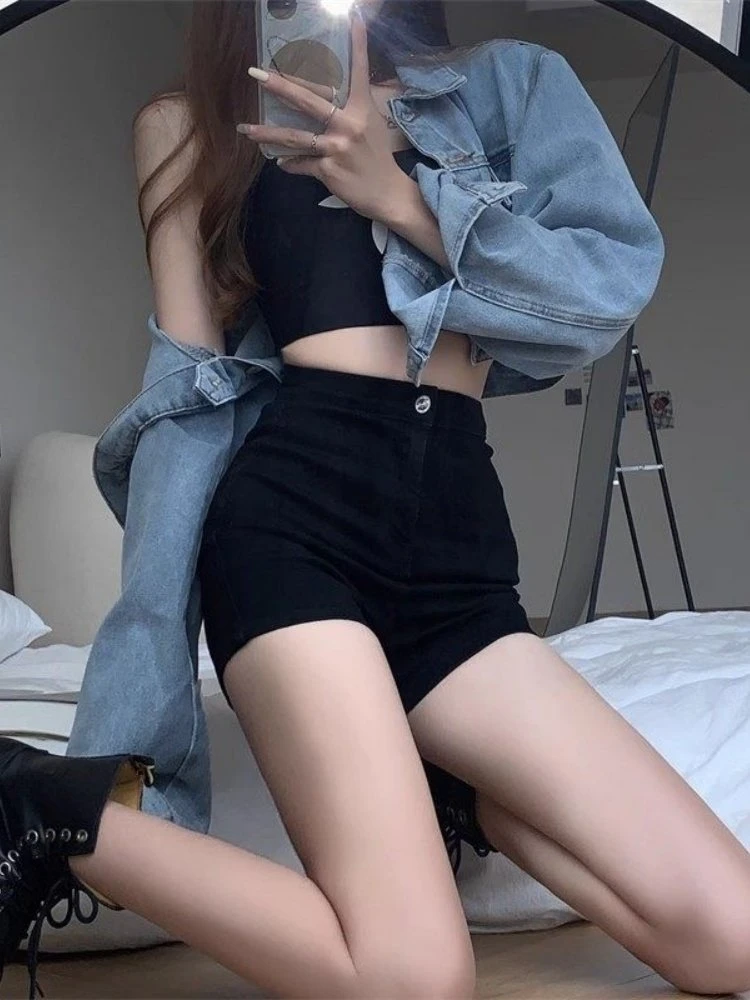 

High Waist A-Line Denim Shorts Women's Black Pure Desire Style Spring 2026 New Slimming Wide Leg Short Pants Casual Jeans