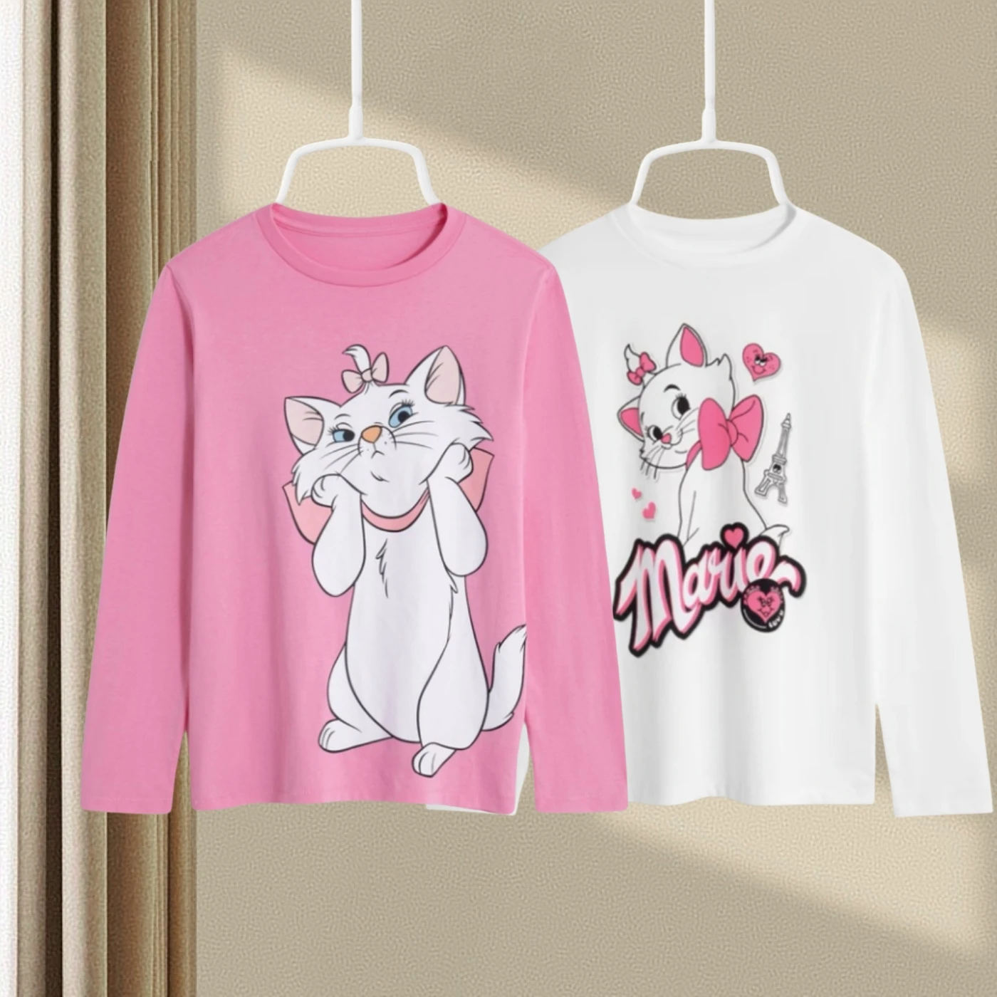 Disney Marie Cat Cute Baby Girl Long Sleeve T-shirt Autumn Clothing Kids Casual Base Shirt Tops Print Cartoon Children's Clothes