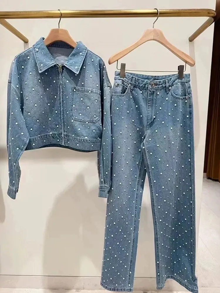 

Fashionable Short Denim Jacket with Heavy Rhinestone Decoration Casual High Waist Wide Leg Pants Spring 2025 New Arrival