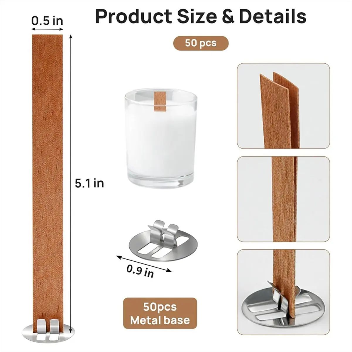 * Mechas de vela de madera A02R, 100 mechas de madera para hacer velas, mechas de madera + clips de metal para fabricación de velas, manualidades DIY de velas A