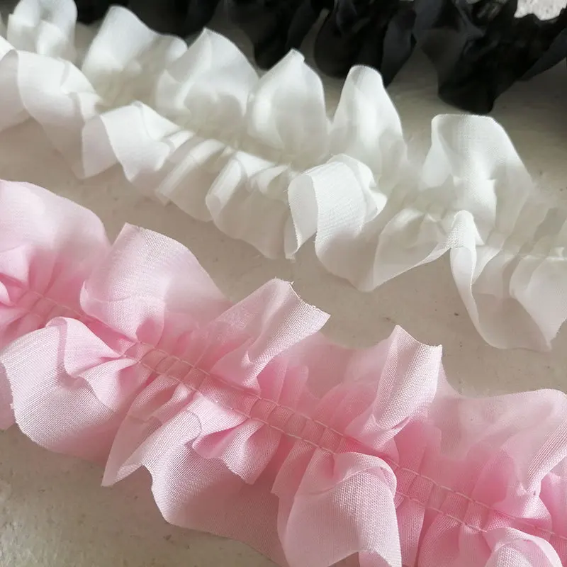 White Black Double Chiffon Pleated Lace Organza Skirt Ribbon Fringe Lace To Decorate Clothes Frill Sewing High Quality Lace Trim