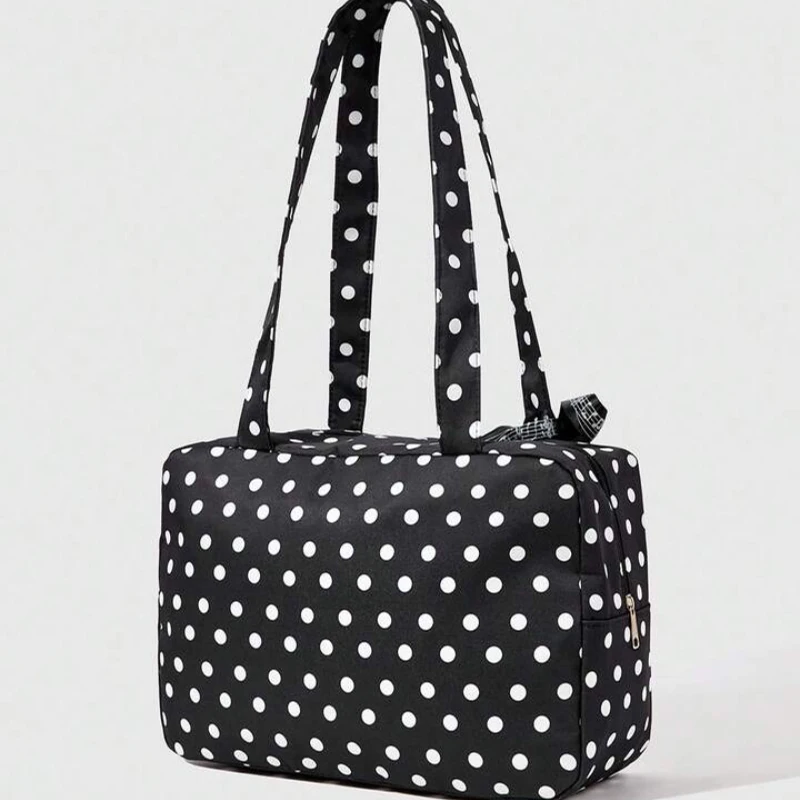 Polka Dot Piano Key Lace Ribbon Umhängetasche, Kontrastfarbe Patchwork Große Damen Bowling Tote Bag, Y2k Girls Wave Point Handtasche – Detail 3