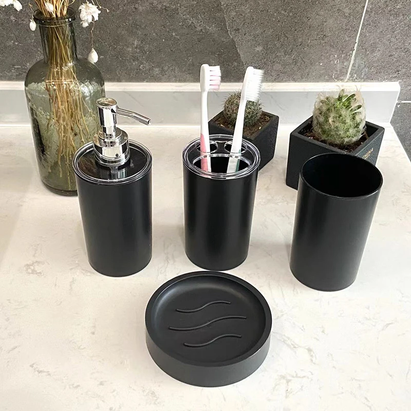 Plastic 4pcs Bathroom Accessories Set Lotion Dispenser Toothbrush Holder Soap Dish Tumbler Pump Bottle Cup Set