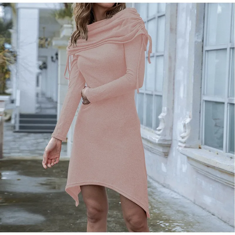 Women's Off Shoulder Stacked Collar Pullover Long Sleeve Slim Dress Temperament Commuting Woman Autumn Fashion Casual Dresses