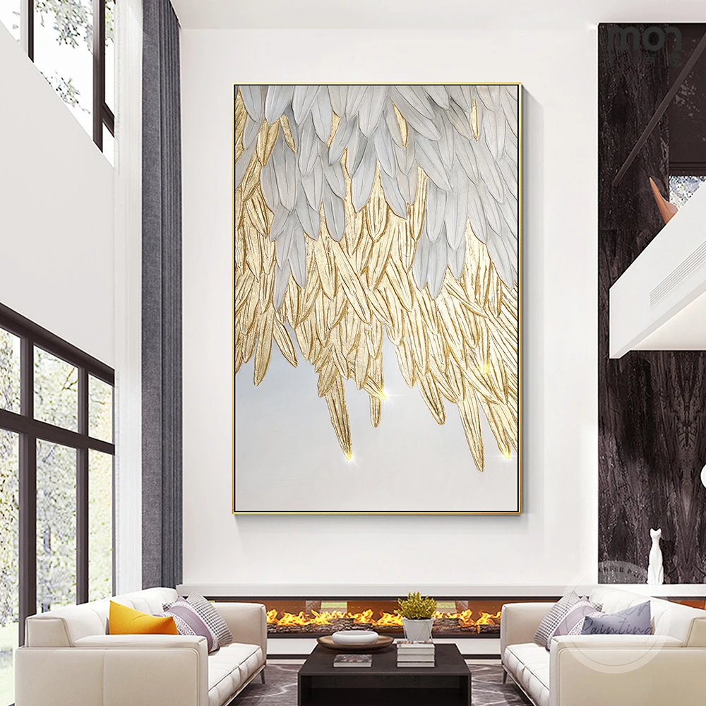 

Handmade Oil Painting Gold White Feather Painting Orginal Gold Leaf Abstract Wall Art Large Luxurious Heavy Texture Painting