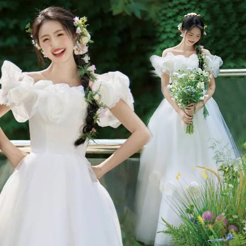 

White Elegant Sweetheart Wedding Korea Photo Shoot Dresses Tulle Long Puff Sleeve Bridal Gown Custom Made Corset Back 웨딩드레스 2025