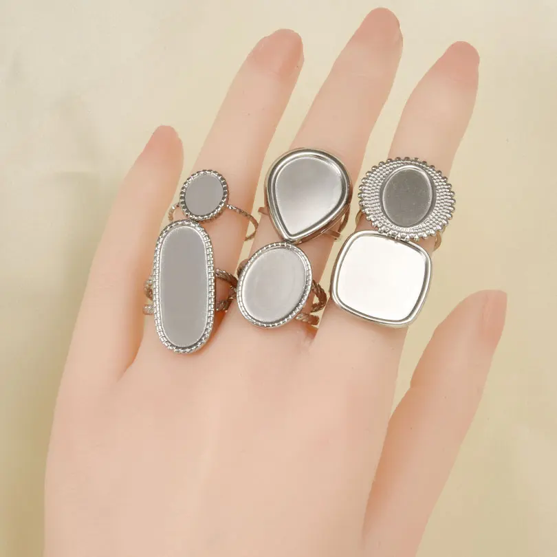 6Pcs Classic Stainless Steel Oval Peach Heart Water Drop Silver Color Rings Blank Tray Base Diy Making Rings Inlay Jewelry