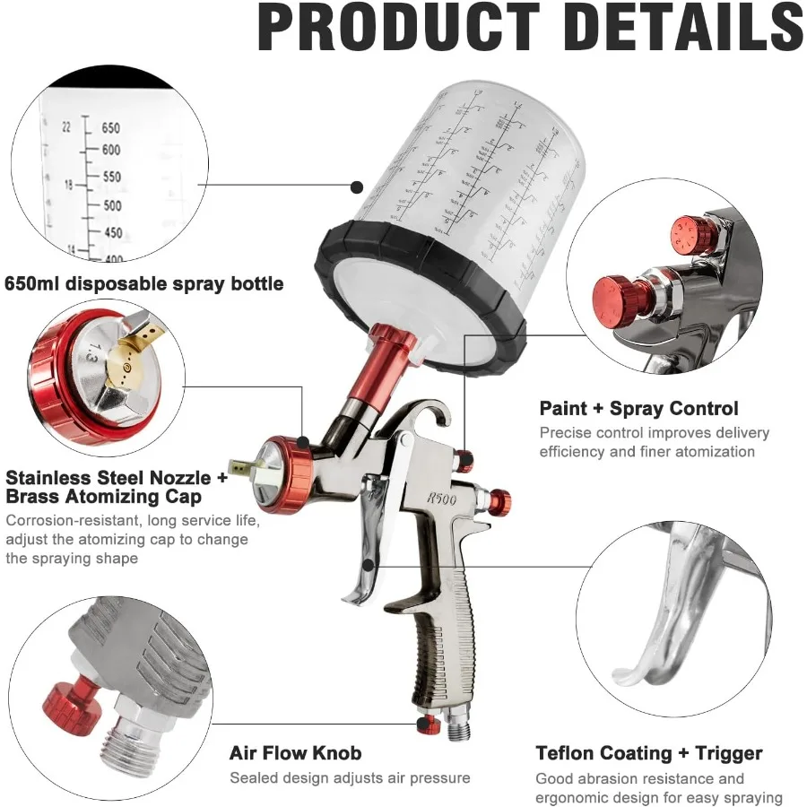 مسدس رش R500 LVLP مع كوب خلط 650 مل و10 أكواب للاستعمال مرة واحدة تتضمن فوهات 1.3 مم 1.7 مم و2.0 مم للتحكم الدقيق I