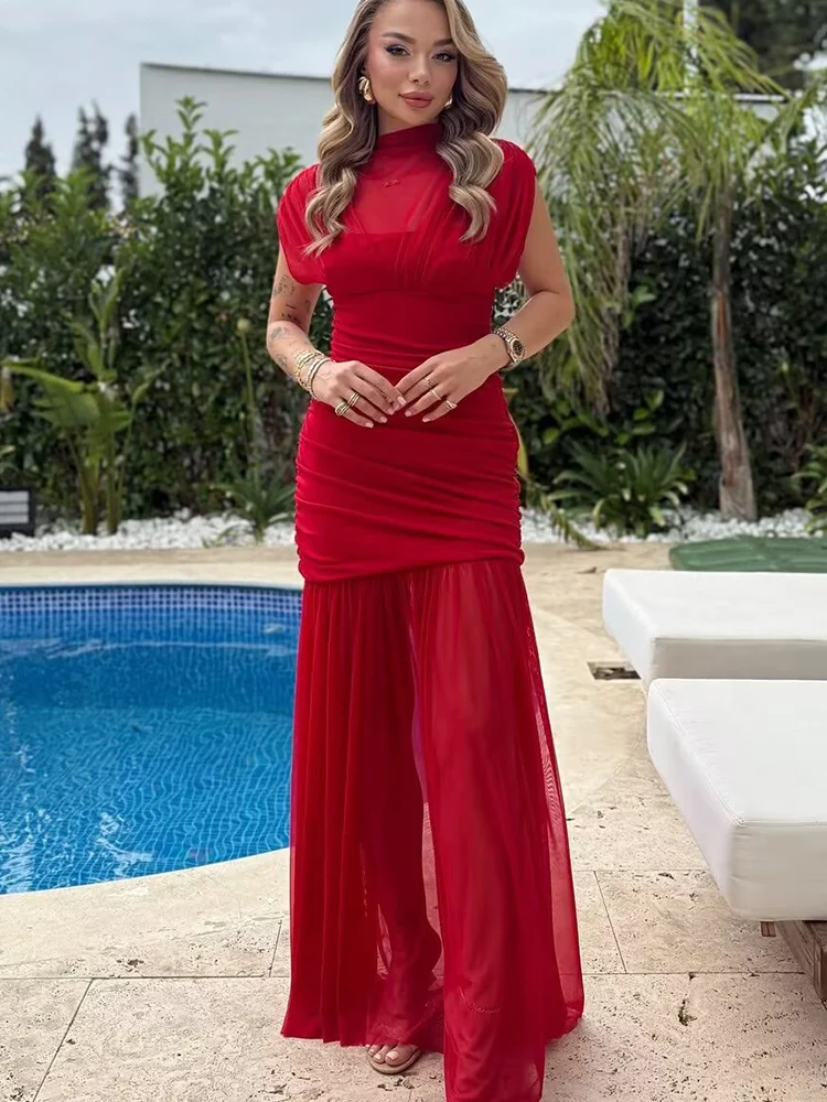Tfmln moda sem mangas vestidos longos para mulheres temperamento meia gola alta emendado plissado férias festa vestido de noite