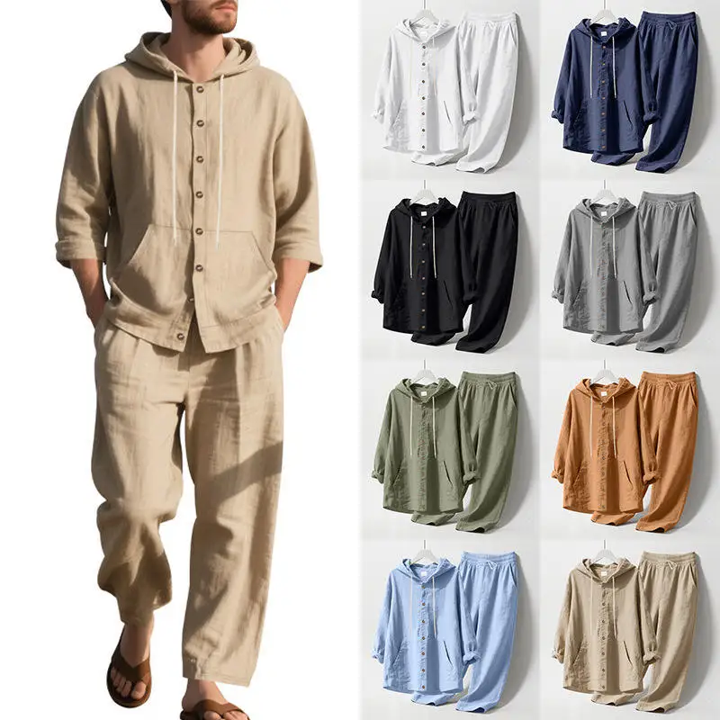 

New American Style Linen Men's Long Sleeve Hooded Shirt Loose Beach Casual Set Summer Season Shirt Long Sleeve Pants