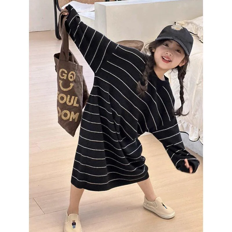 Girl Pajamas Autumn Spring Hood Nightdress Mid-Length Stripe Homewear Child Versatile Kawaii Fashion New Style Casual Clothing
