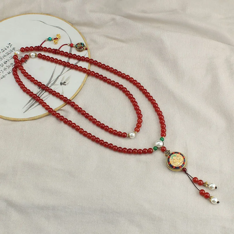 DIY accessories New Chinese style long round beads beaded fringed necklace Tibetan thangka pendant crossbody chain sweater chain