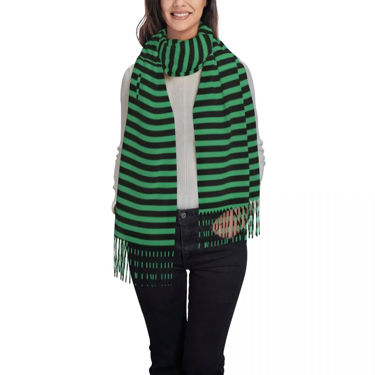 Candy Stripes Scarf with Tassel Green and Black Line Keep Warm Shawl Wraps Women Custom Large Scarves Autumn Luxury 2024 Bufanda