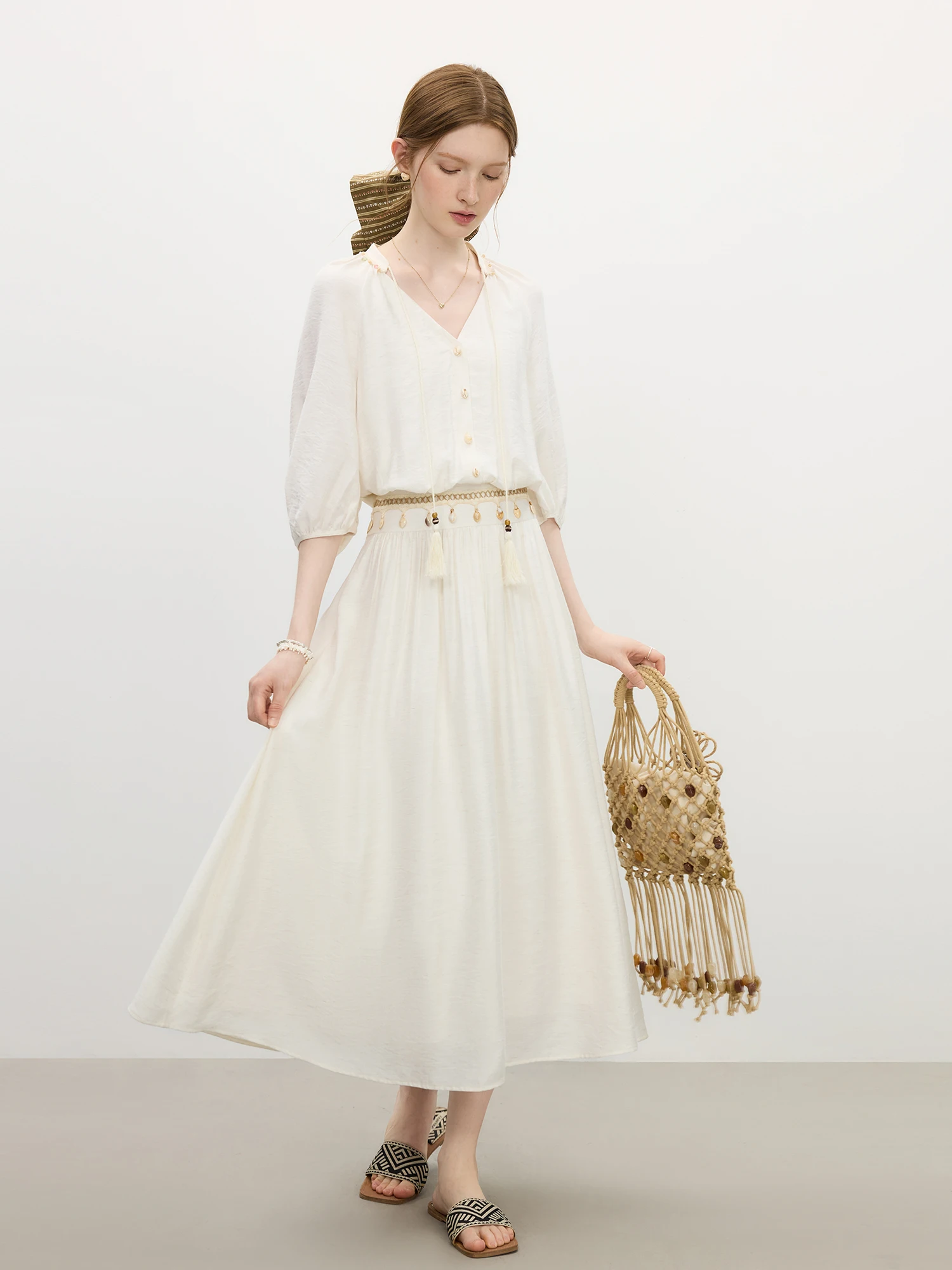 Sukienka damska FSLE z wysokim stanem, nowość na lato 2025, rękawy typu latarnia, dekolt w serek, ramiączka, długa, romantyczna sukienka wakacyjna 25FS12795