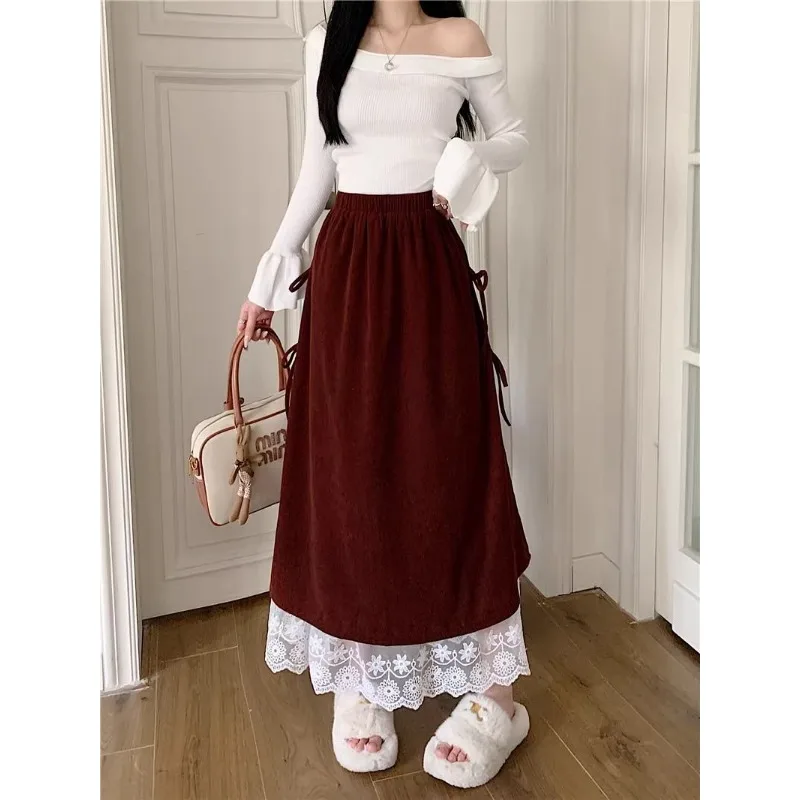New corduroy lace double layered spring solid color skirt casual women's autumn all match A-line fashion long skirt