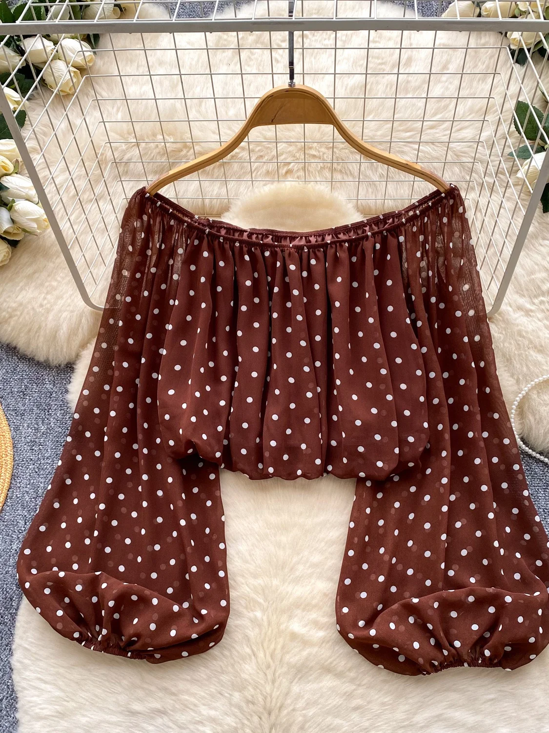 

Korean Style Polka Dot One Shoulder Bubble Sleeve Shirt Women's Spring Skin-friendly Breathable Casual Loose Long Sleeve Open...