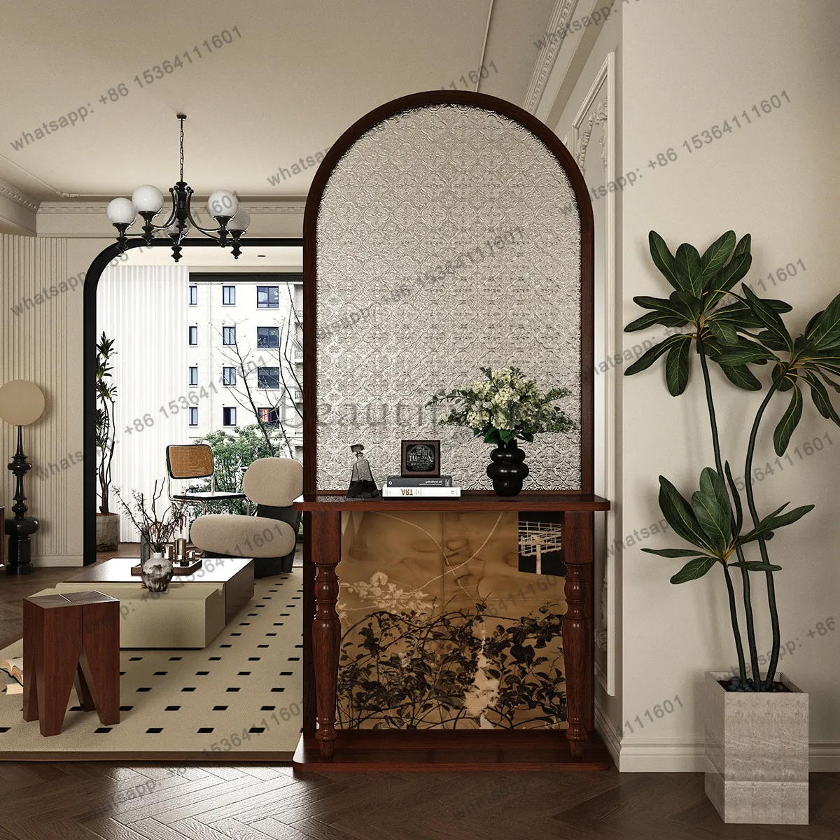 American retro screen partition rack integrated glass shielding solid wood decoration