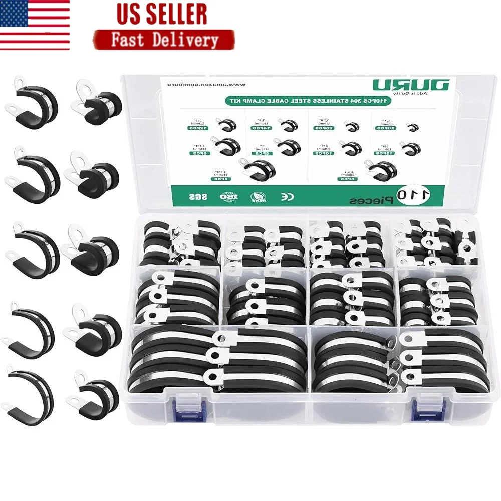 

110 шт., комплект кабельных зажимов, ассортимент из нержавеющей стали с резиновым покрытием, 10 размеров, опорные зажимы для труб, виброустойчивые прочные инструменты