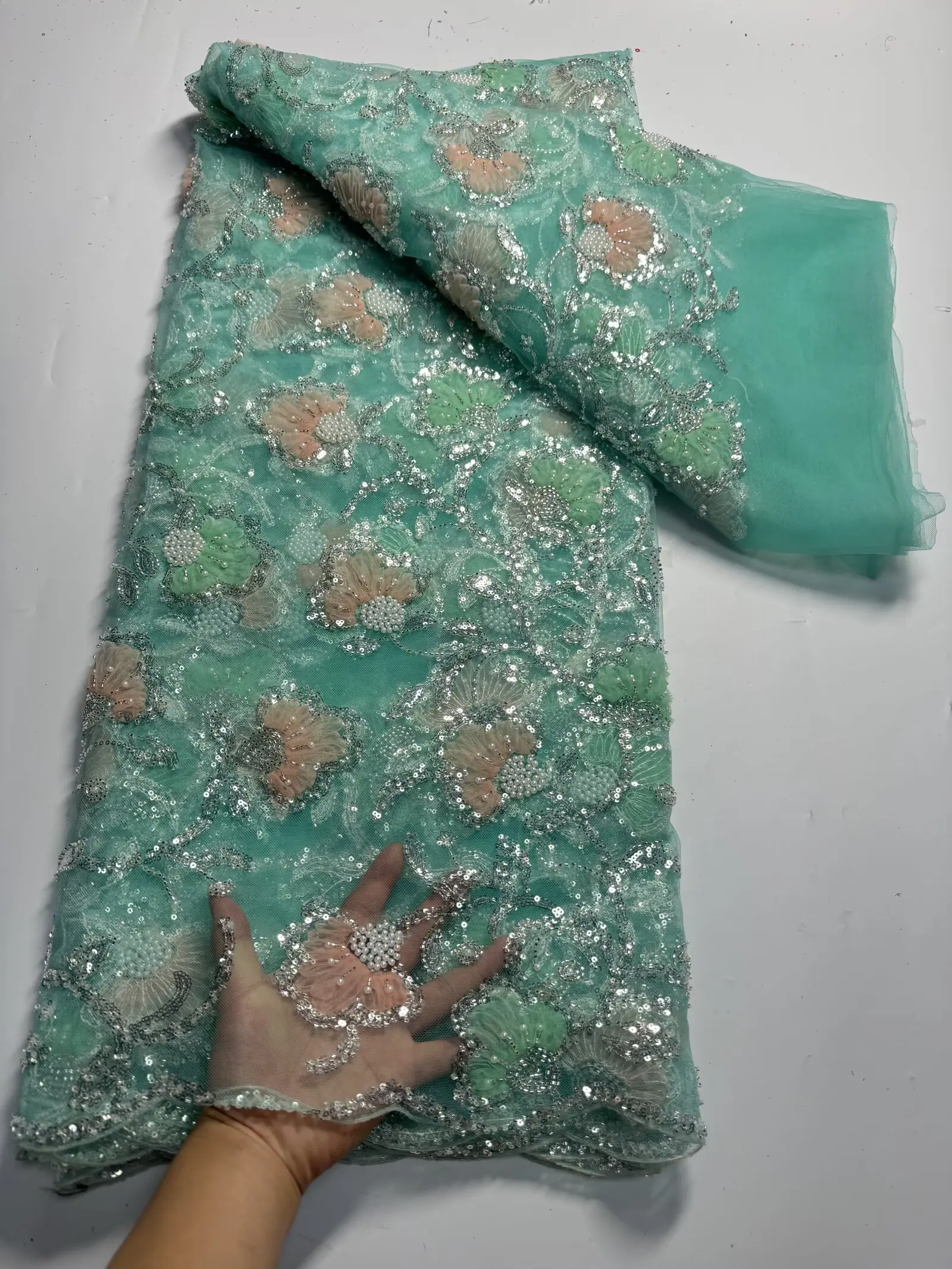 

African Luxury Sequins Lace Fabric 2025 High Quality French 3D Sequins Embroidery Lace Beaded Tulle Lace Fabric for Party Dress