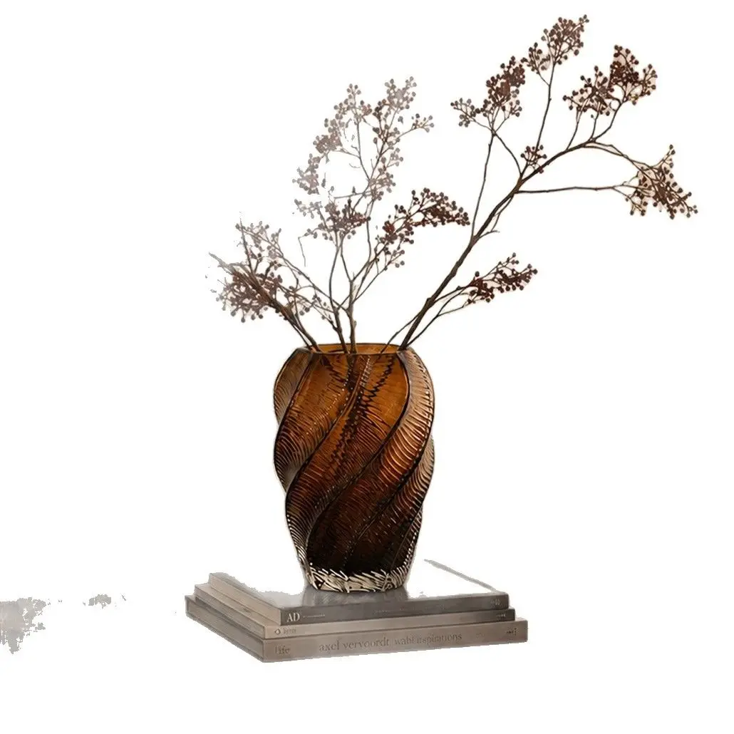 Amber Brown Ribbed Twisted Glass Vase, Modern Hydroponic Flower Vase For Home Decor Living Room Table Centerpiece Wedding