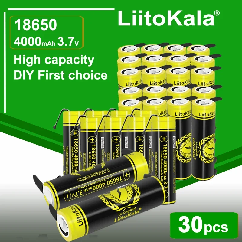 30pcs LiitoKala King4000-N Nickel 3.7V 18650 4000mAh 12A Discharging Rechargeable Batteries For Flashlight Batteries