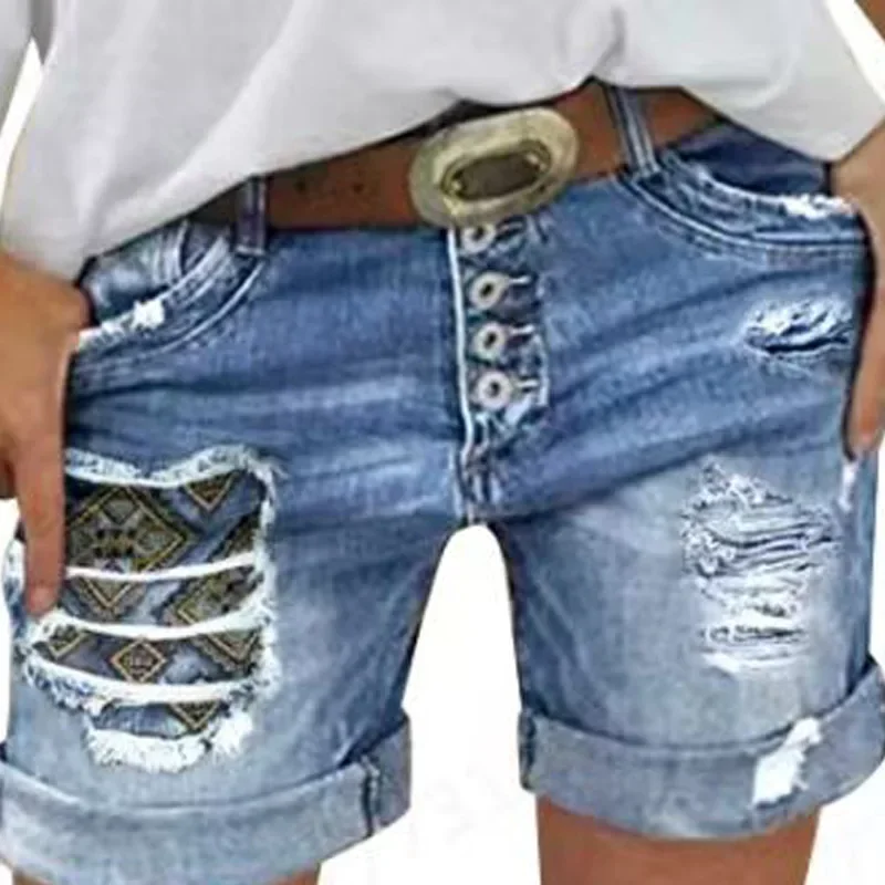 Denim Pant Hole Women Print Short Jeans Button Shorts Pants Slim Fit High Waist Straight Splice Pockets Casual Beach