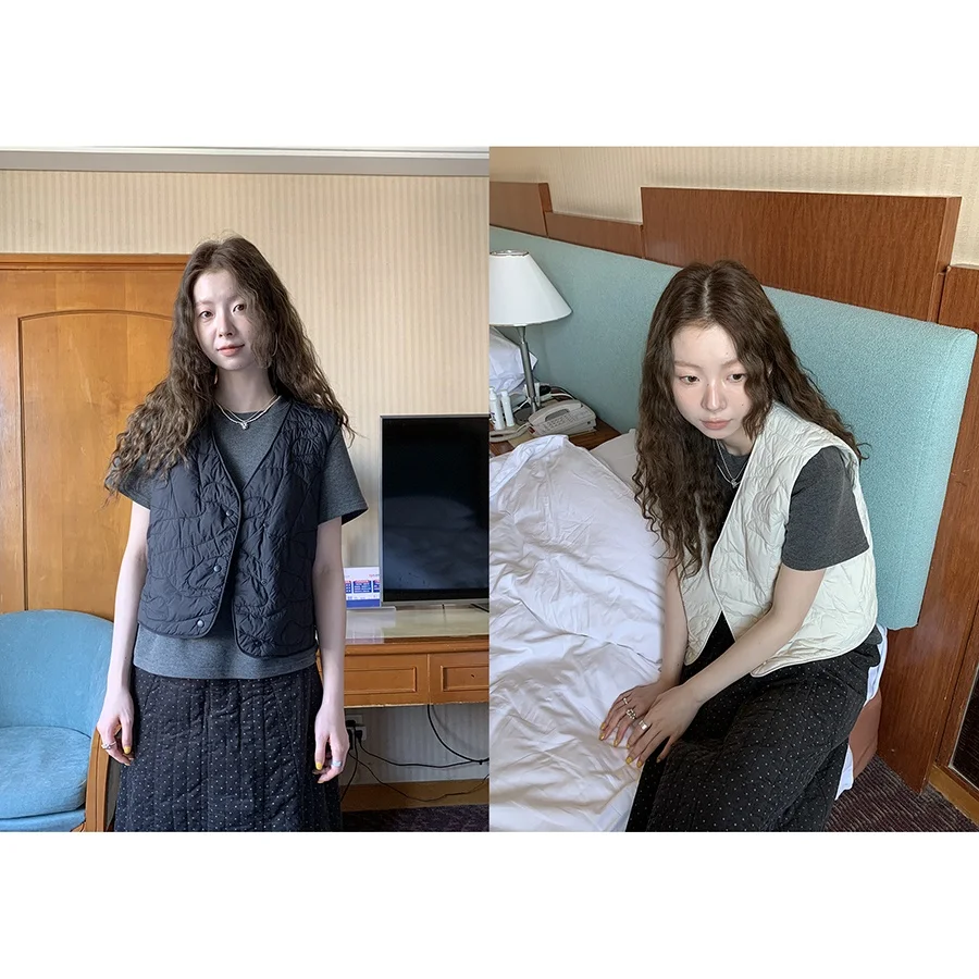 

HelloooEat Commute Versatile Non-Bulky down Vest V-Ne Single Button Layering Warm Inner Vest Women's Faion Nylon Fiber