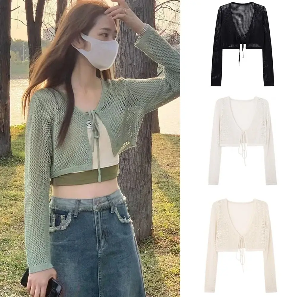 Fashion Hollow Out Knitted Cardigan Thin Long Sleeve Sun-Proof Tops V-Neck Outwear Women