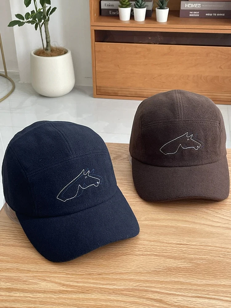 Fleece Wool Blend Baseball Cap for Men Women, Minimalist Horse Head Embroidery 5 Panel Hat, Warm Autumn Winter Adjustable Casual