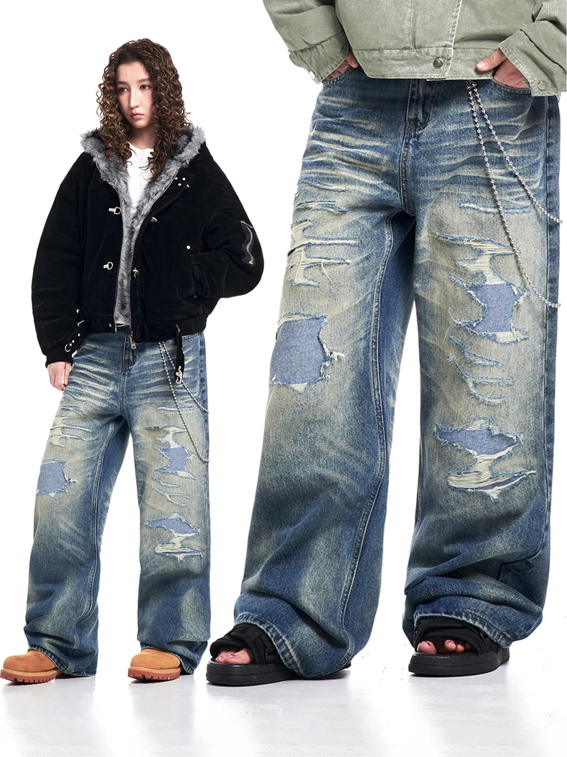 

Джинсы MT99 в стиле стритвир, унисекс, прямые, рваные, из денима, американского кроя, с нашивками, повседневные, длинные