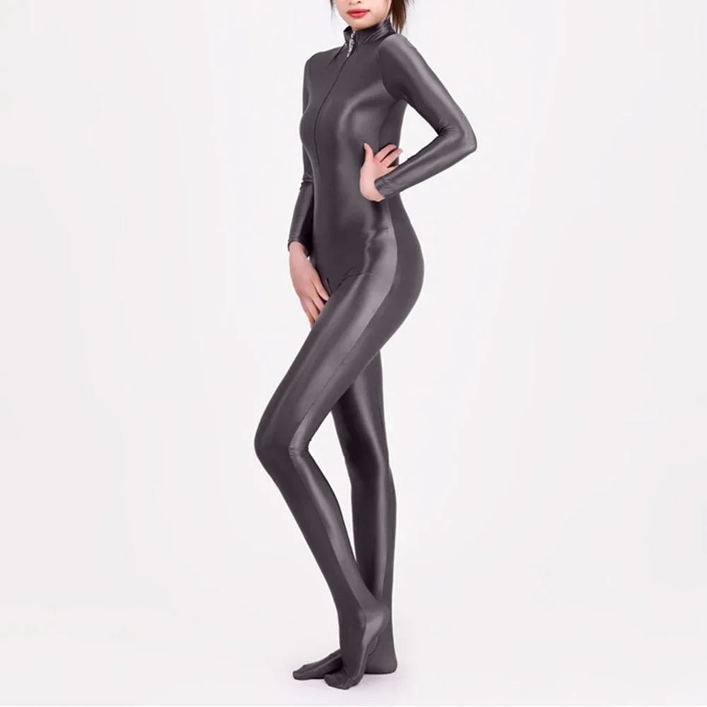 Women Oily Glossy Long Sleeve Elastic Bodysuit Full Body Tights Crotchless Satin Pantyhose Jumpsuits Thong