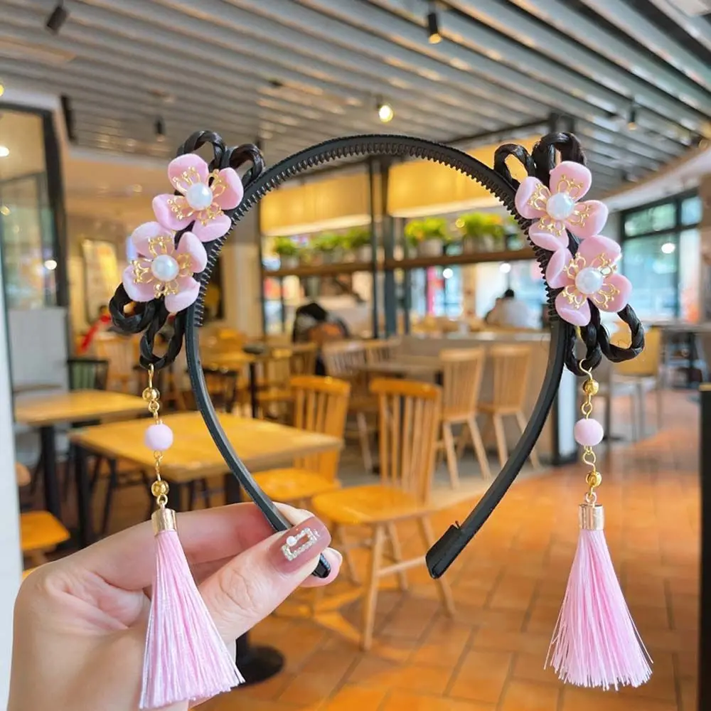 

Baby Elastic Pigtail Wig Tassel Flower Pearl Bow Chinese Style Hair Band Hanfu Hair Hoop New Year Headress Children's Headband