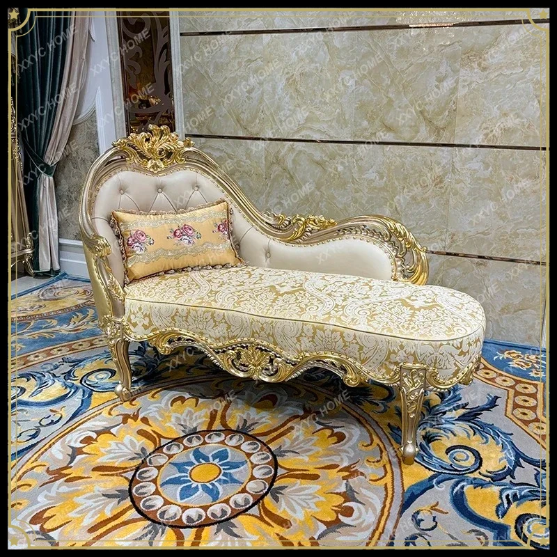 X-S  leather chaise longue   luxury wood carving flower beauty couch neoclassical lazy recliner HG
