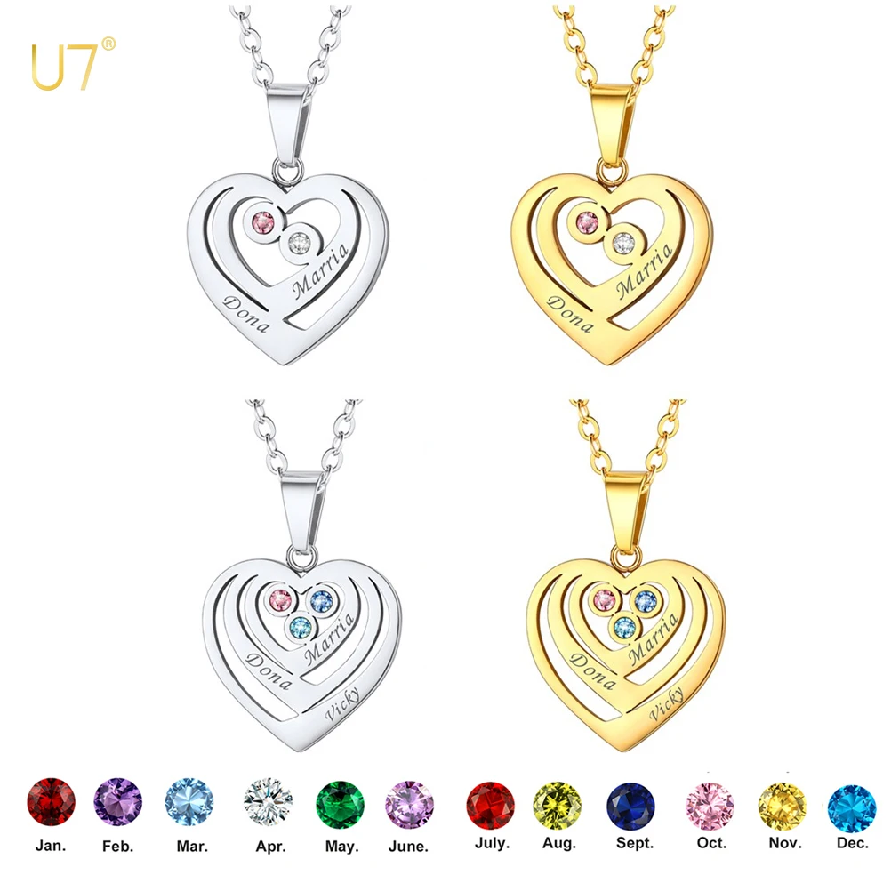 

U7 Stainless Steel Custom Names Necklace with Birthstones Engraved Layered Heart Pendant Personalized Jewelry for Mom Grandma