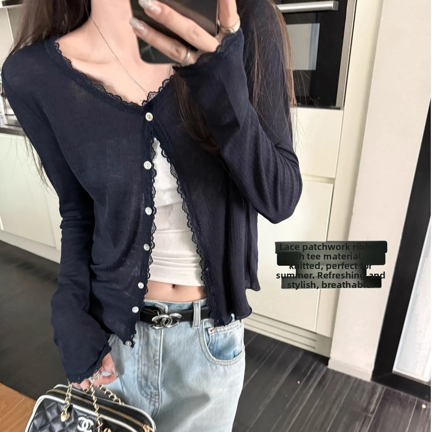 Lace Splicing Edged Sun Protection Knitted Open Cardigan Lightweight Outerwear Top Women Summer Casual Slim Fit Long Sleeve