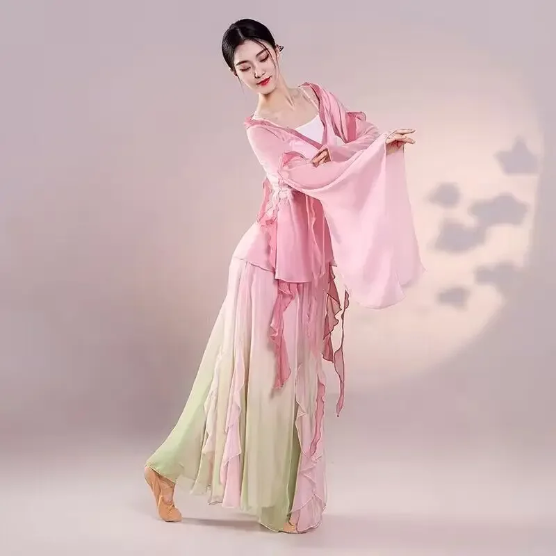 Chinese style folk dance classical dancer performance costumes elegant cardigan practice clothes body rhyme long outer gauze