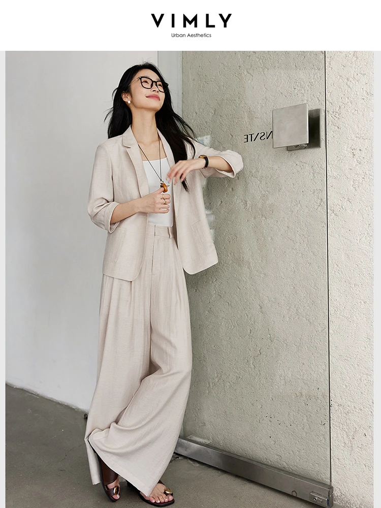

VIMLY Linen Blend Blazer Pant Suit Women's Office Outfits 2025 Spring Autumn Suit Jacket Wide-leg Pants Two Piece Sets A0151