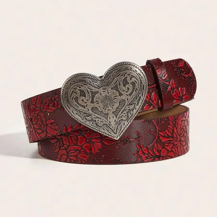 1pc women's vintage western-style belt, embossed with floral patterns and a heart-shaped buckle, suitable for casual outings