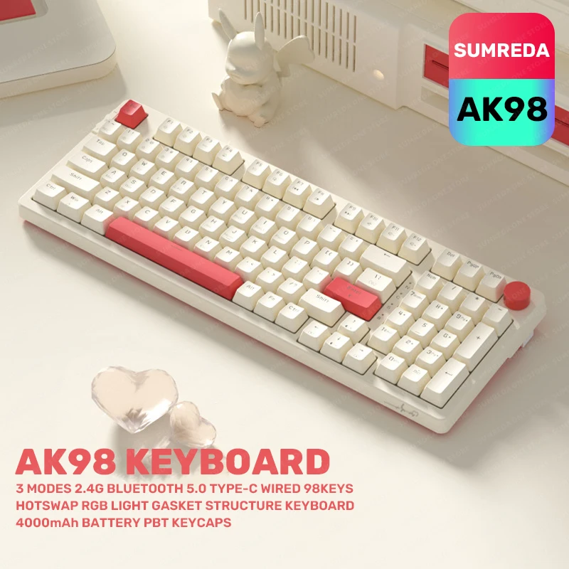 AK98 Wireless Gaming Mechanical Keyboard 98Keys 2.4G TYPE-C Wired Bluetooth Keyboard Hotswap RGB Backlit Gamer Knob Keyboard