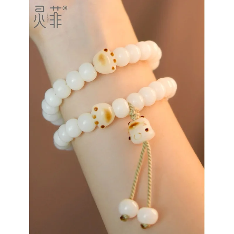 

Cute Charcoal Burned Cat's Claw White Jade Bodhi Root Bracelet Female Genuine Bodhi Handheld Rosary HandString for Girls Jewelry