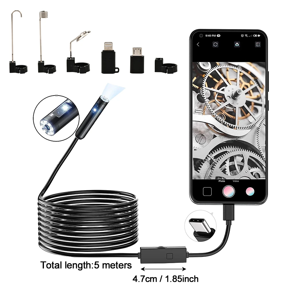 

Эндоскопическая камера HD 8 мм с 8 светодиодами, водонепроницаемая камера промышленного осмотра IP67, совместимая с Android, HarmonyOS, iOS