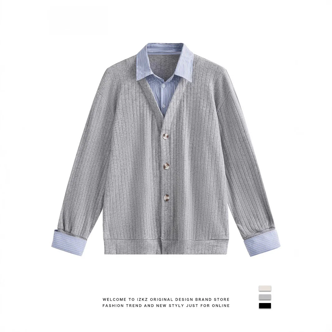 

Spring Men's Knitted irt Fake Two-Piece Loose Long Sve Casual Sle Versatile Loose Fit Commute Men's Clothing